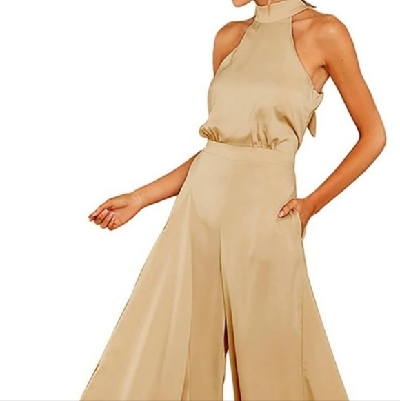 Pants - Woman Satin Wide Leg Sleeveless Jumpsuit Zip Up In The Back